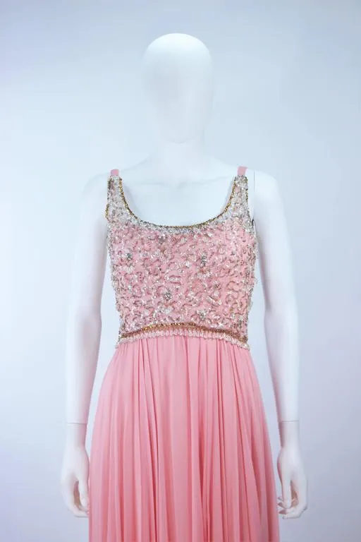 VINTAGE Circa 1960s Pink Gown, Embellished Bodice Size 4
