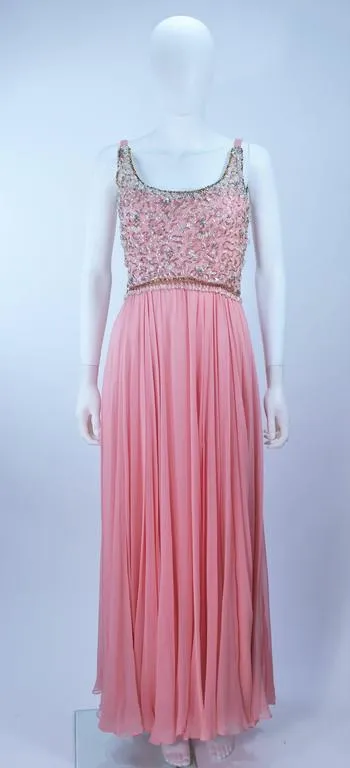 VINTAGE Circa 1960s Pink Gown, Embellished Bodice Size 4