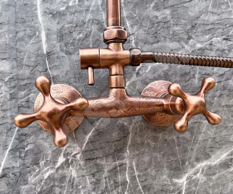 Vintage Copper Shower System - Copper Rain Showerhead with Handheld - Perfect for Outdoor Showers