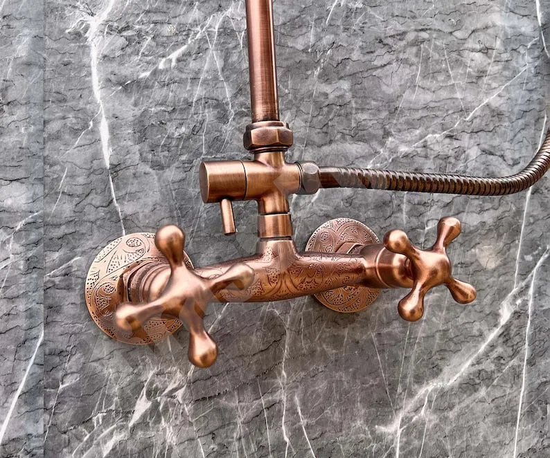 Vintage Copper Shower System - Copper Rain Showerhead with Handheld - Perfect for Outdoor Showers
