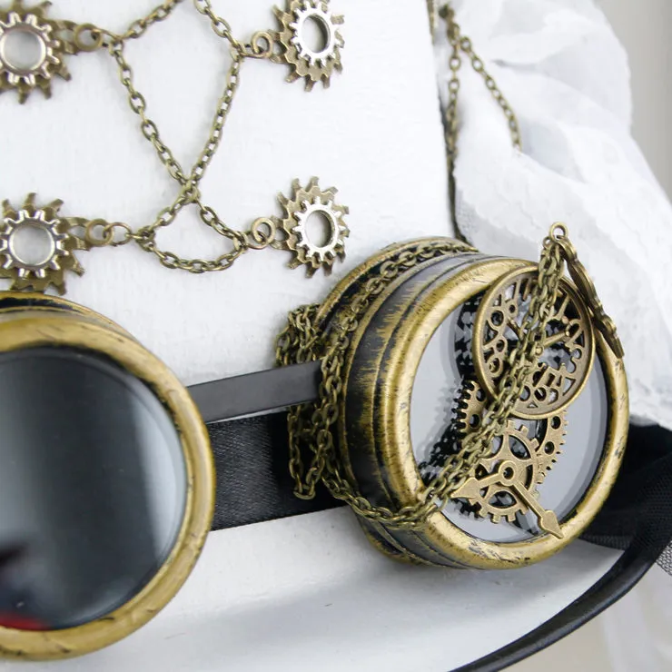 White Lace embellished Steampunk Hat with goggles