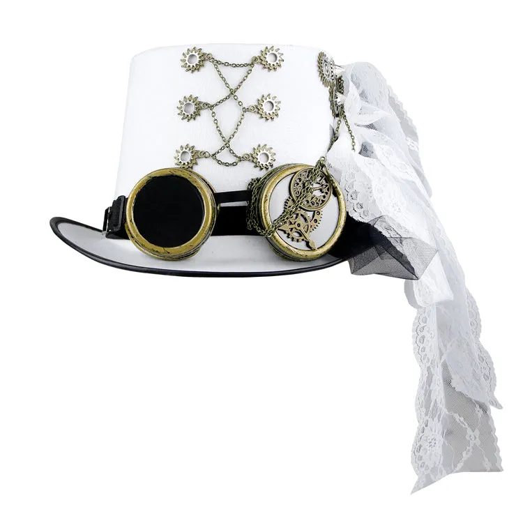 White Lace embellished Steampunk Hat with goggles