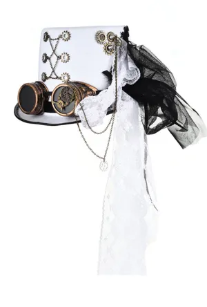White Lace embellished Steampunk Hat with goggles