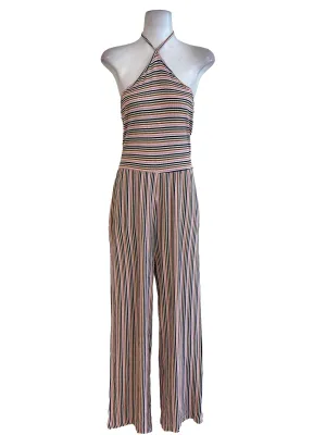 White Stripe Halter Knitted Jumpsuits