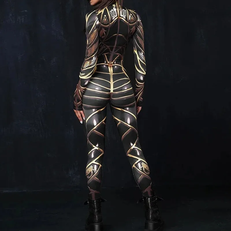 Women Cosplay Costume Armor Steampunk Printed Jumpsuits Halloween Zentai Carnival Bodysuits Adults Mujer