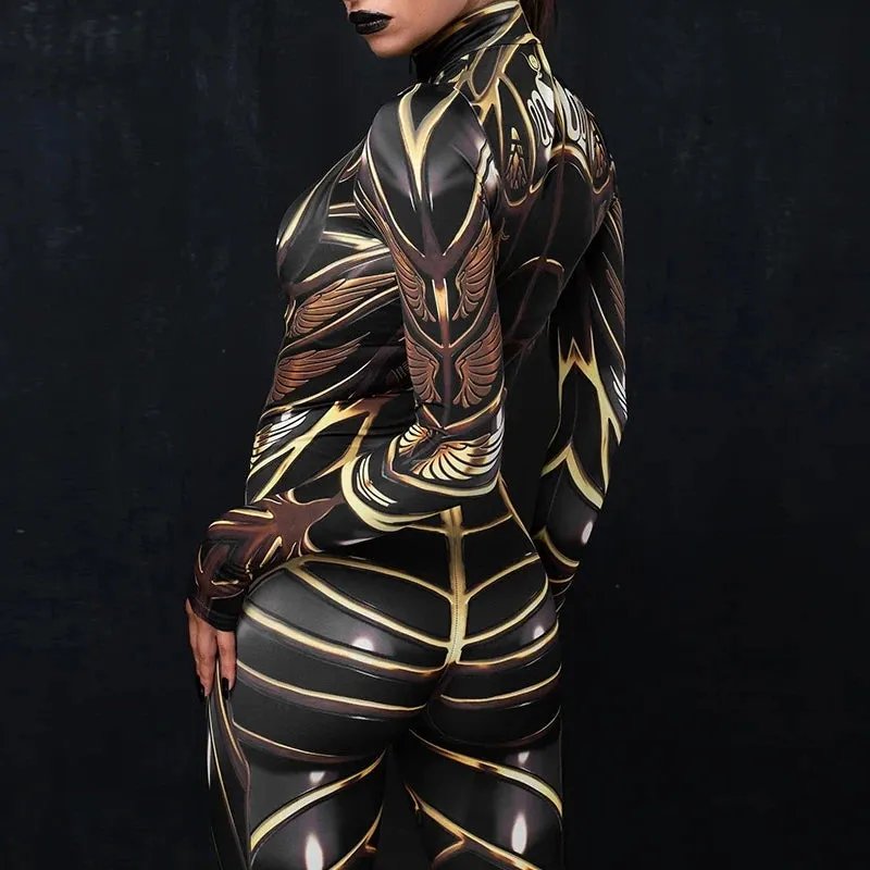 Women Cosplay Costume Armor Steampunk Printed Jumpsuits Halloween Zentai Carnival Bodysuits Adults Mujer