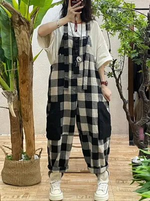 Women Summer Vintage Plaid Colorblock Jumpsuits