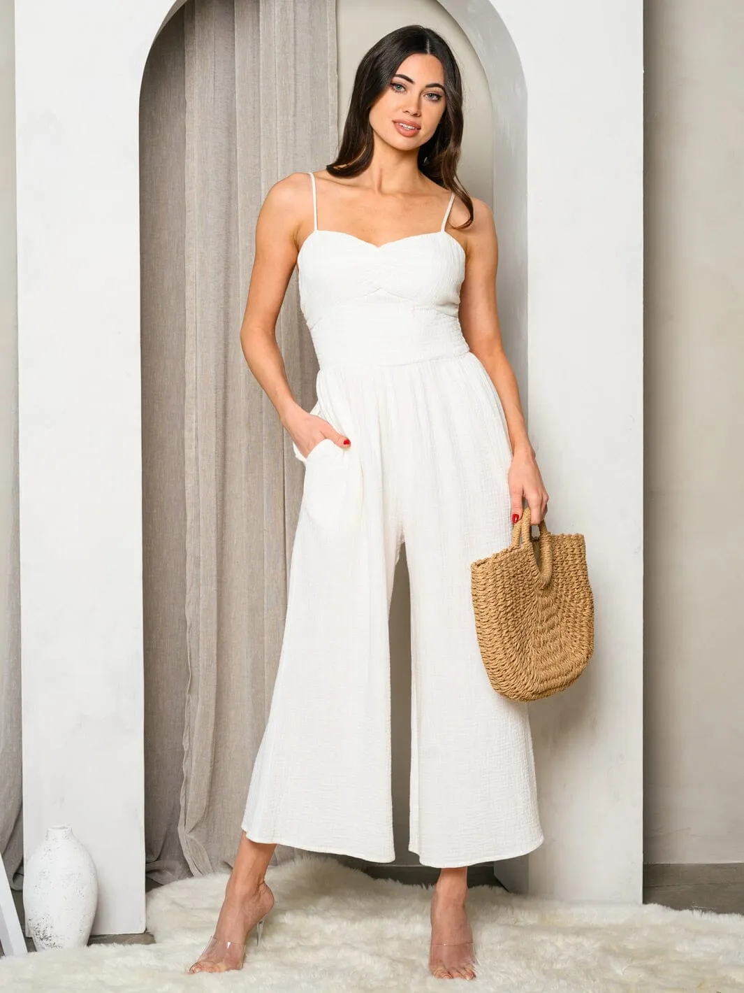 WOMEN'S SLEEVELESS GAUZE SPAGHETTI SHOULDER STRAP JUMPSUIT