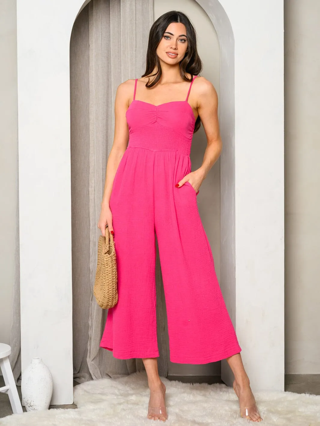 WOMEN'S SLEEVELESS GAUZE SPAGHETTI SHOULDER STRAP JUMPSUIT