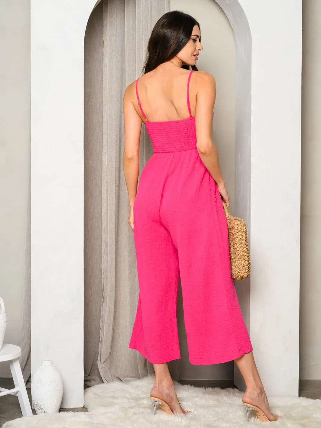 WOMEN'S SLEEVELESS GAUZE SPAGHETTI SHOULDER STRAP JUMPSUIT